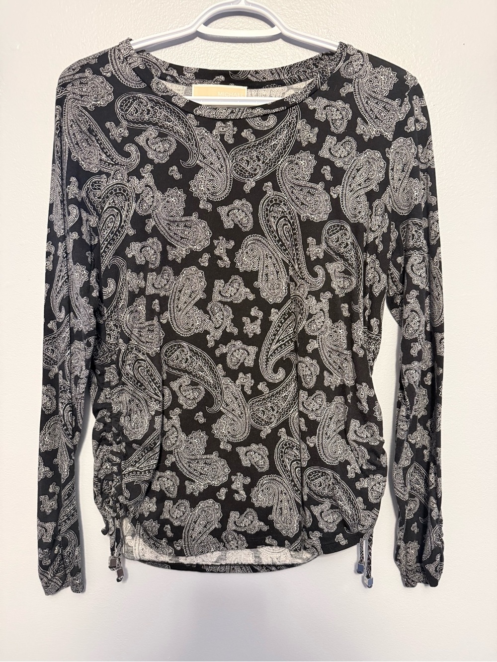 Michael Kors Paisley Ruched Side Top Women’s Large Black White